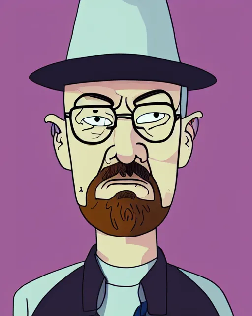 Image similar to portrait of walter white in the style of justin roiland. heisenberg from breaking bad. cinematic lighting. style of rick & morty. photographic, photography. by justin roiland