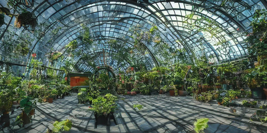 Image similar to alien greenhouse interior with circular windows, inspired by Frank Lloyd Wright, natural sunlight, bright colors, romantic greenery, flowers, cinematic, cyberpunk, lofi, calming, dramatic, fantasy, by Moebius, by zdzisław beksiński, cyberpunk LUT, high contrast, epic composition, sci-fi, dreamlike, surreal, angelic, 8k, unreal engine, hyper realistic, fantasy concept art,