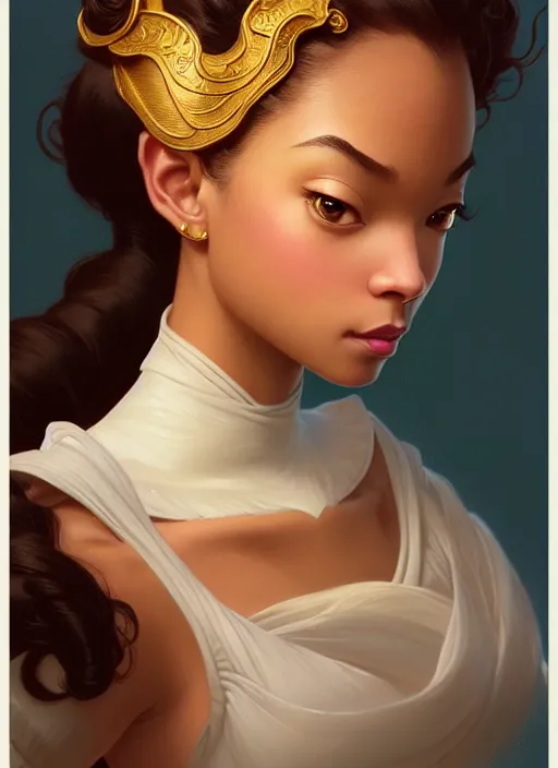 Image similar to portrait of disney tiana, intricate, elegant, highly detailed, my rendition, digital painting, artstation, concept art, smooth, sharp focus, illustration, art by artgerm and greg rutkowski and alphonse mucha and uang guangjian and gil elvgren and sachin teng, symmetry!!