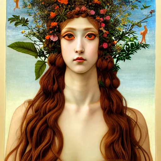 Prompt: the Deity of Summer, the entire body is composed out of roots, plants, flora and fauna, that take on a human form, in a style blending pre-raphaelite paintings, shojo manga, Japanese street fashion, Botticelli, and Magic realism, photorealistic 4k, masterpiece, very fine ink lines, sfumato, dramatic lighting