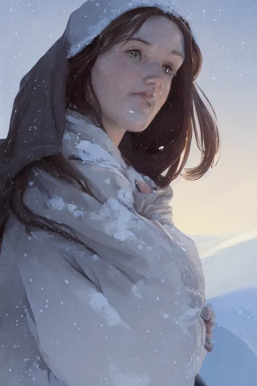 Image similar to portrait of a pregnant woman in the besieged Leningrad in winter, terror, fear, digital painting, artstation, concept art, smooth, sharp focus, illustration, art by artgerm and greg rutkowski and alphonse mucha