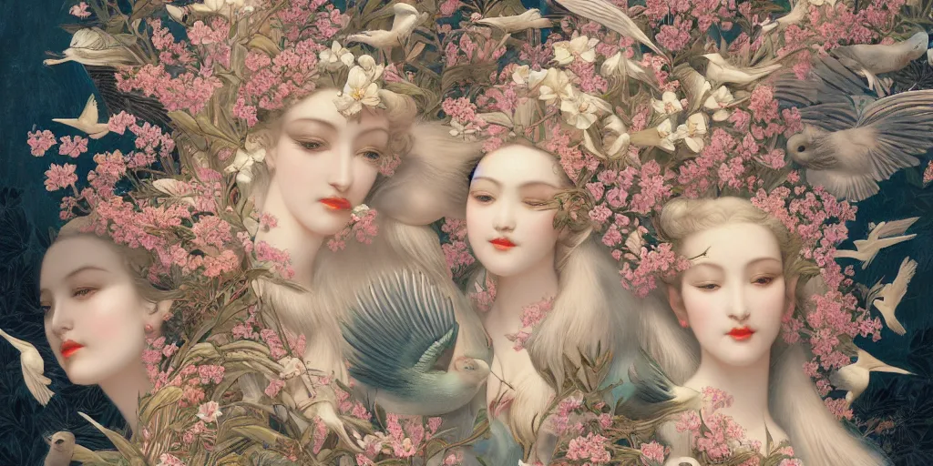 Image similar to breathtaking detailed concept art painting art deco pattern of blonde faces goddesses with blend of flowers and birds, by hsiao - ron cheng and john james audubon, bizarre compositions, exquisite detail, extremely moody lighting, 8 k