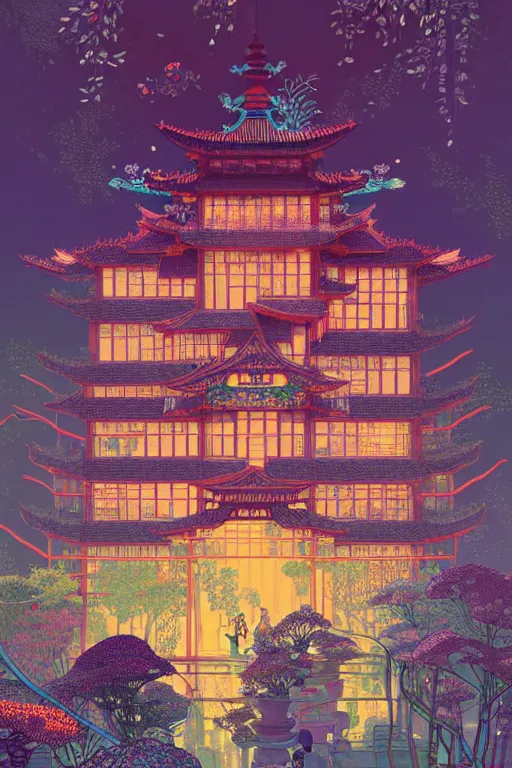 Image similar to a beautiful hyperdetailed matte illustration victo ngai cyberpunk style of absolutely beautiful blooming flower house, from china, perfectly shaded, atmospheric lighting, style of studio ghibli, makoto shinkai, raphael lacoste, louis comfort tiffany, artgerm, james jean, ross tran, chinese style