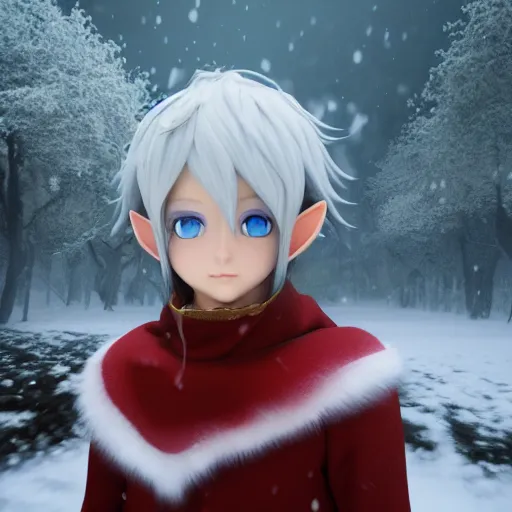 Image similar to elf boy render as a very beautiful 3d anime boy, silver hair, azur green eyes, full round face, belly free Cloak, short smile, in snow, cinematic lightning, medium shot, mid-shot, highly detailed, trending on Artstation, Unreal Engine 4k, cinematic wallpaper