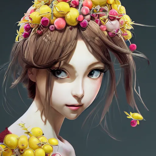 Prompt: the portrait of an absurdly beautiful, graceful, elegant, sophisticated, young teen anime girl made up of lemons looking up, an ultrafine hyperdetailed illustration by kim jung gi, irakli nadar, intricate linework, bright colors, octopath traveler, final fantasy, unreal engine 5 highly rendered, global illumination, radiant light, detailed and intricate environment