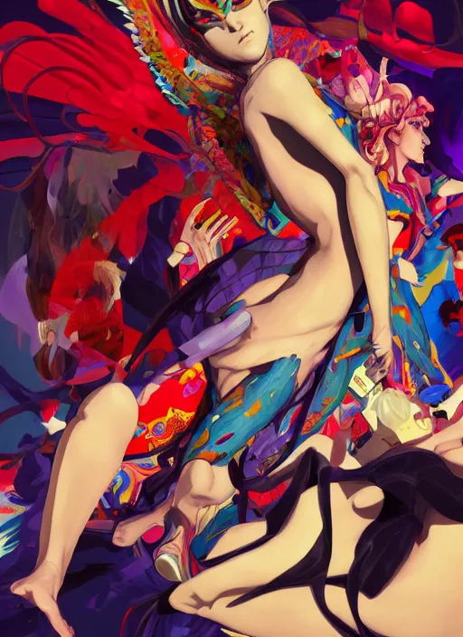 Image similar to portrait of a psychedelic angel, digital painting masterpiece, advanced lighting technology, stylized yet realistic anatomy and face, gorgeous, by reiq and bengus and akiman and shigenori soejima and bastien vives and balak and michael sanlaville and jamie hewlett, 4 k wallpaper, cinematic, gorgeous brush strokes, coherent and smooth