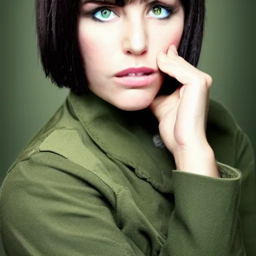 Prompt: brunette woman, bright green eyes, short hair, flipped out hair, military uniform, serious