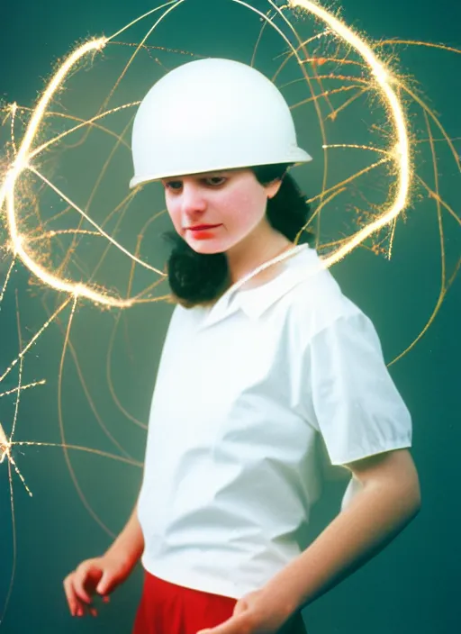 Image similar to realistic photo portrait of a a scientist girl dressed in white shorts, dressed in white plastic spherical helmet hat, particles aura electricity, 1 9 9 0, life magazine photo, natural colors,