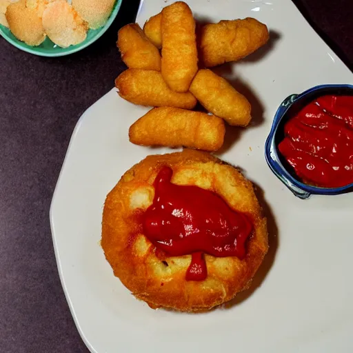 Image similar to food photo of channing tatum's face on top of giant tater tot on a plate with ketchup