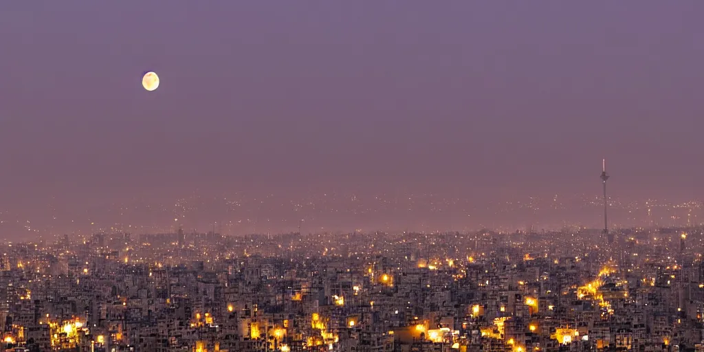 Prompt: tehran skyline in a winter night, full moon in the sky, two lovers kissing