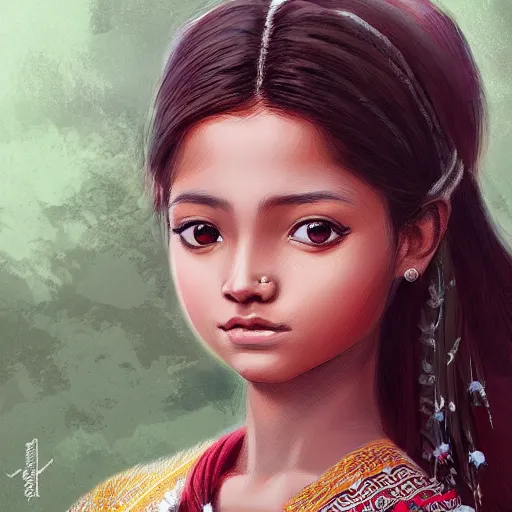 Prompt: Portrait of a beautiful teen Assamese girl, cute natural anime face, wearing bihu Assam traditional dress mekhela, intricate, elegant, highly detailed, digital painting, artstation, concept art, smooth, sharp focus, illustration, art by charlie bowater