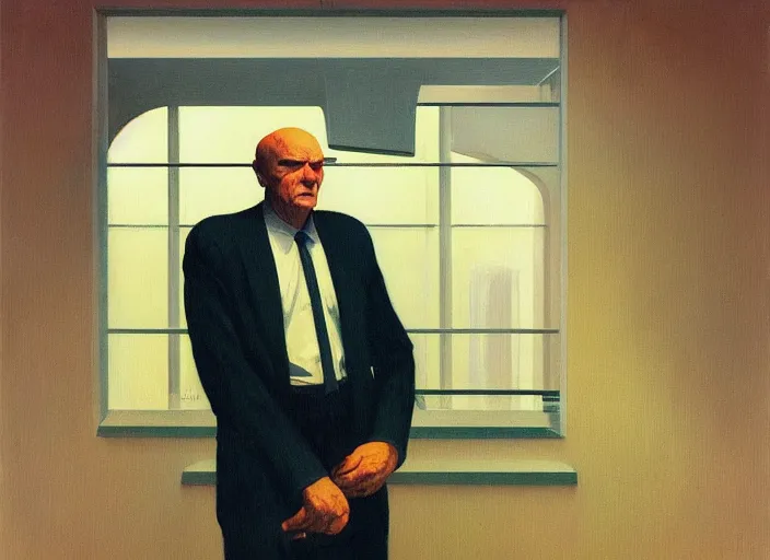 Image similar to portrait of a businessman, science fiction, Edward Hopper and James Gilleard, Zdzislaw Beksinski highly detailed