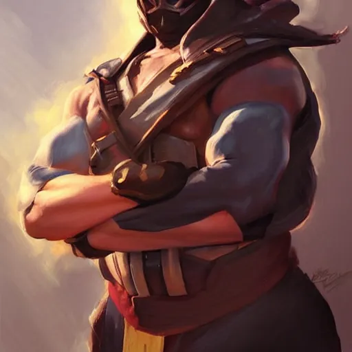 Prompt: greg manchess portrait painting of smoke from mortal kombat as overwatch character, medium shot, asymmetrical, profile picture, organic painting, sunny day, matte painting, bold shapes, hard edges, street art, trending on artstation, by huang guangjian and gil elvgren and sachin teng