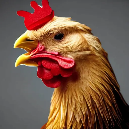 Image similar to a closeup shot of a chicken wearing a suit, photorealistic