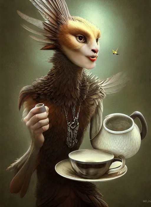 Image similar to a bird holds a cup of tea in its hands, hyperrealism, no blur, 4 k resolution, ultra detailed, style of tyler edlin, tom bagshaw, arthur rackham, ivan shishkin