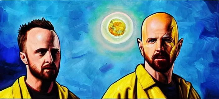Prompt: an ultra detailed beautiful oil painting of jesse pinkman and heisenberg from breaking bad, both with a yellow lab coat, the school of athens by raphael