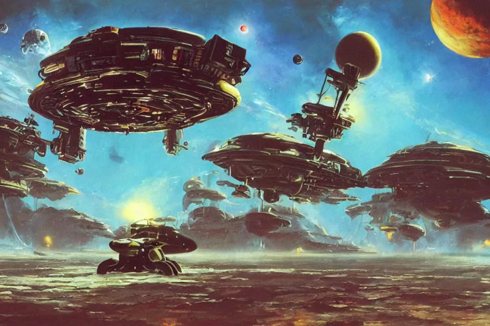 Image similar to an epic chris foss painting of a turtle spaceship orbiting an alien planet