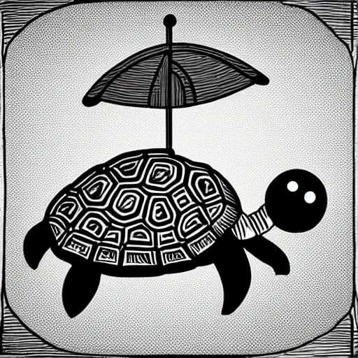 Image similar to storybook illustration of a turtle with a propeller attached to its shell, storybook illustration, monochromatic