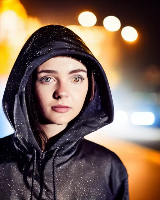 Image similar to a closeup portrait of as beautiful young woman wearing a transparent hoody standing in the middle of a busy night road, raining with lots on neon lights on the background, very backlit, moody feel, dramatic