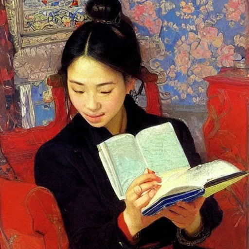 Prompt: portrait of asian beautiful woman reading from smartphone masterpiece painting by vasnetsov and surikov, JEAN-VICTOR BERTIN, by Terence Cuneo, detailed, t artfully traced