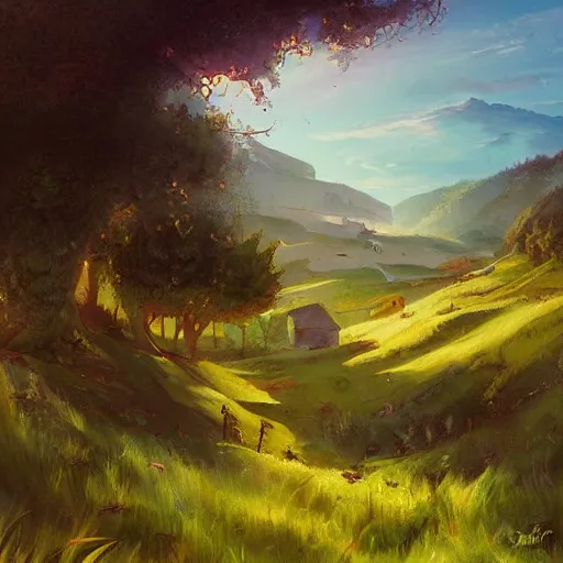 Image similar to an expressive painting of a lively landscape in the country by Ross Tran