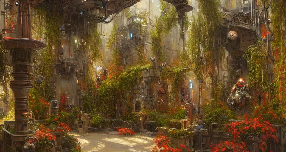 Prompt: an oil painting by donato giancola, warm coloured, cinematic scifi luxurious futuristic biomechanical victorian garden courtyard with bulbous alien floral fungi, beeple, halo, star wars, ilm, star citizen, halo, mass effect, artstation