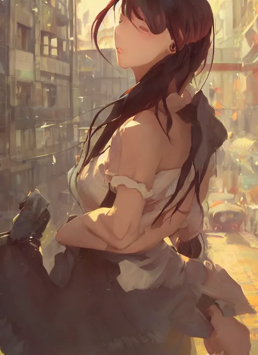 Prompt: woman stands in a street - poster by wlop, kiyohara tama, krenz cushart, masamune shirow, makoto shinkai, yanjun cheng. featured on pixiv, anime aesthetic, pixiv, anime, cold tones, artstation, power lines, vanitas, official art, gothic dark noise film photo - up portrait