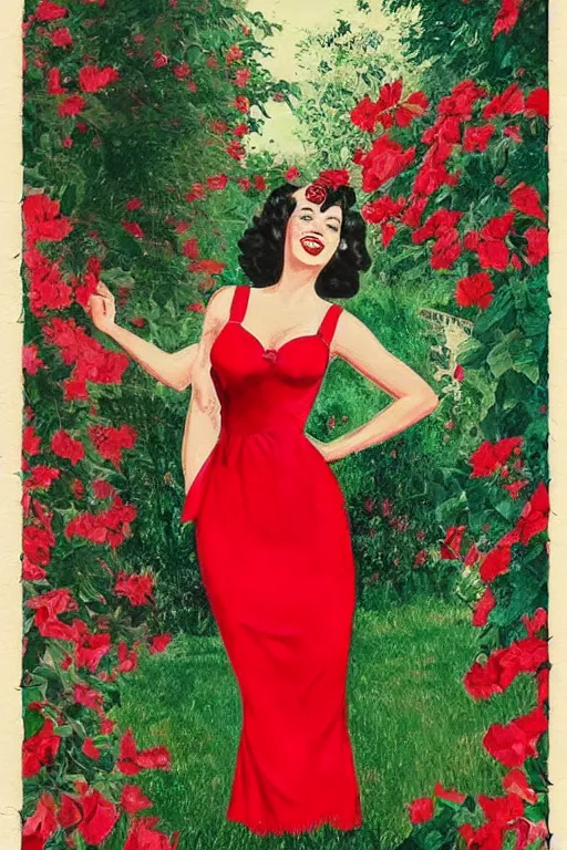 Image similar to a portrait of a beautifull woman, wearing a red dress,with a beautifull smile,a garden background.in american style pin up.anatomically correct