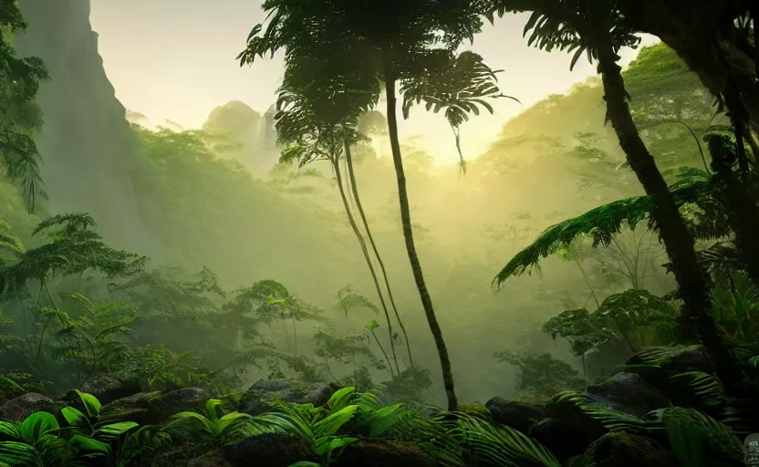 Prompt: a beautiful render of a dark prehistoric rainforest, lush flora, patches of sky, sunset, mountains and a waterfall in the background, intricate detail, hazy, humid, volumetric lighting, 8 k, photorealistic, raytracing effects, unreal engine 5