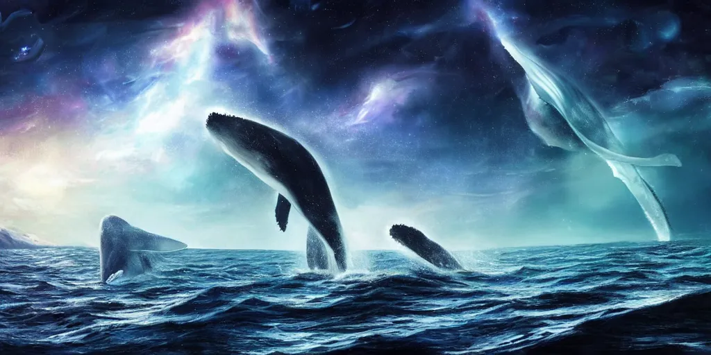 Image similar to a beautiful scenary of a fantasy world of a giant humpback whale on galaxy with the background of planet jupyter, artstationHD, digital painting, hyper detail, elegant, cinematic, epic lighting, very very very very beautiful scenery