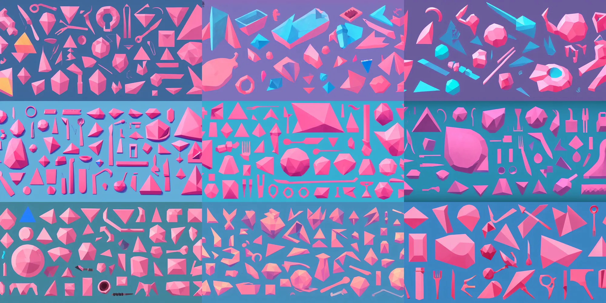 Prompt: game asset of utensils of exploration of shapes and forms, complex geometry, in gouache detailed paintings, props, stylized, 2 d sprites, kitbash, arcane, overwatch, blue and pink color scheme, 8 k, close up