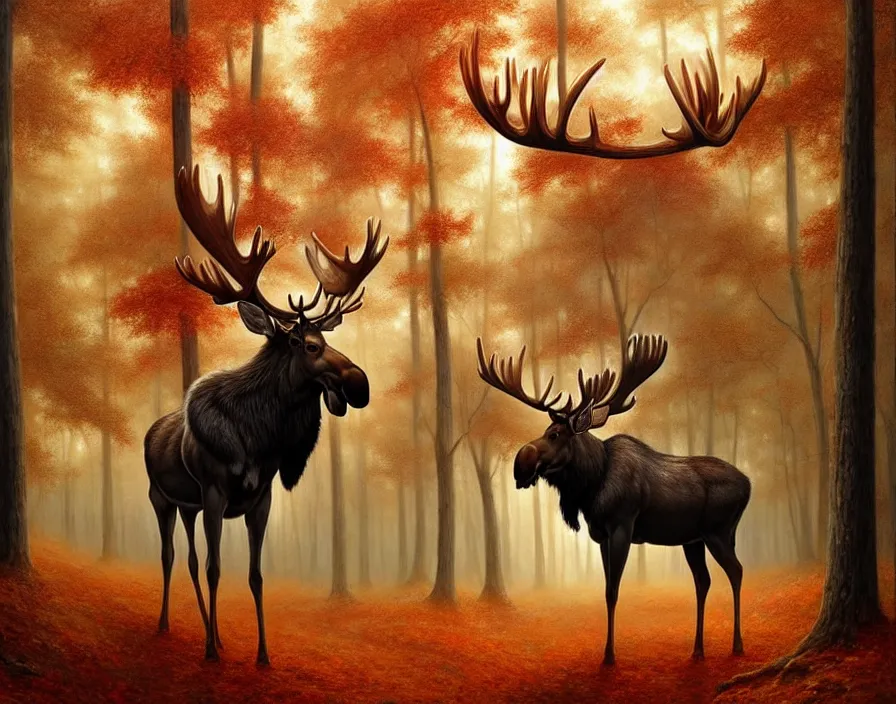 Image similar to a beautiful and very detailed painting of great ethereal moose in the bright red maple forest with a silver antlers, dynamic lighting, trending on artstation, path traced, highly detailed, high quality, digital art, hyper realistic, octane render, sharp focus, art by artgerm and greg rutkowski and alphonse mucha, 8 k