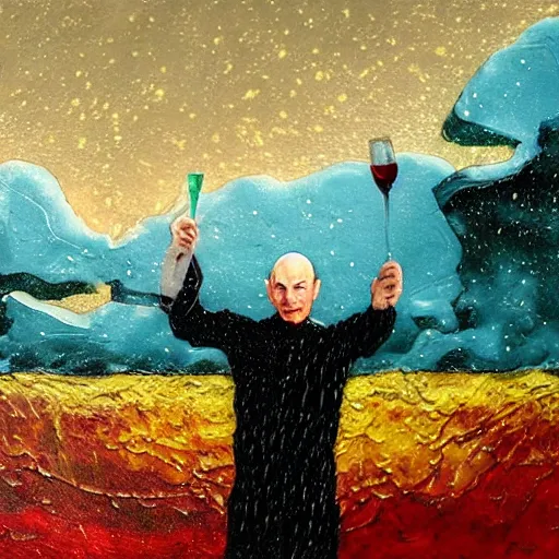 Image similar to oil on styrofoam crust - painting landscape with melt of the captain picard raining wine down on the infidels of the vulcan kingdom