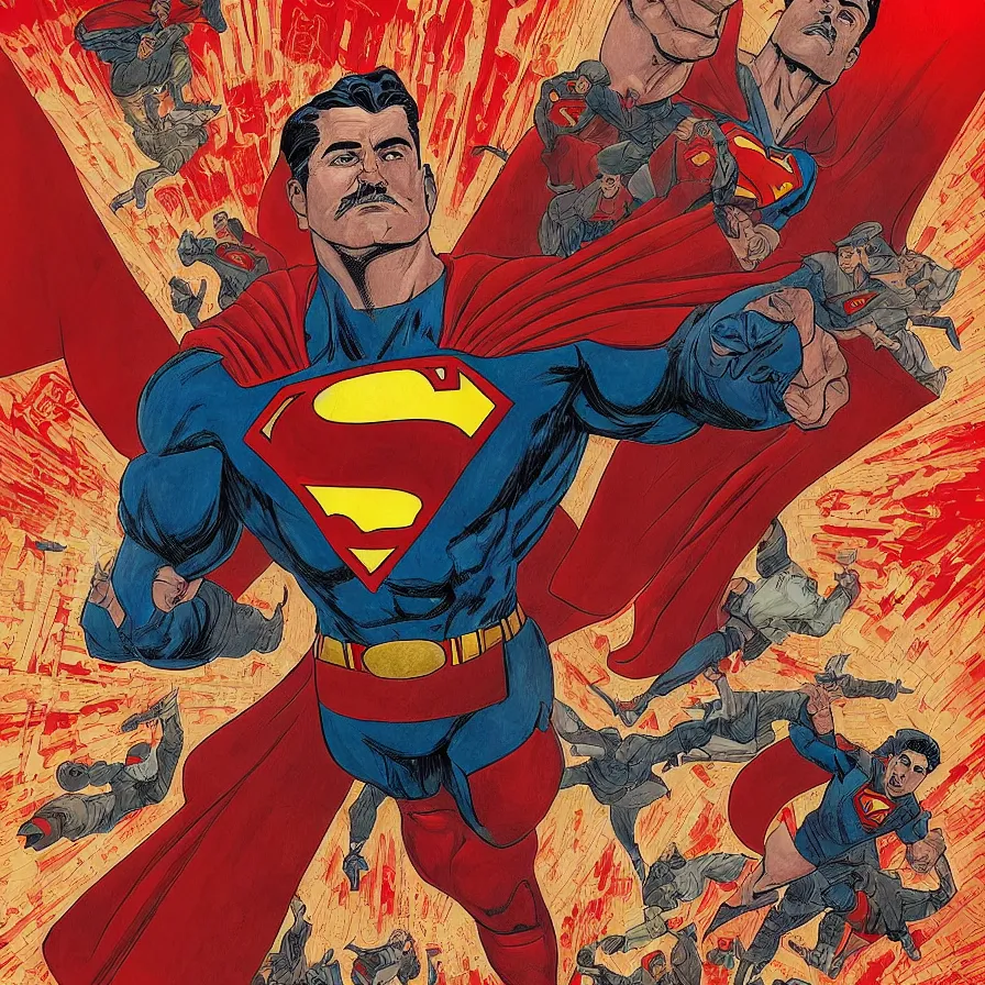 Image similar to epic comic book cover of stalin as superman floating over the red square ( moscow ), socialist realism, aesthetically pleasing, finely detailed facial features, photorealistic, intricate digital art, trending artstation, artgem, rich moody colors, fan art, concept art, in the style of the red son, by cory walker and ryan ottley