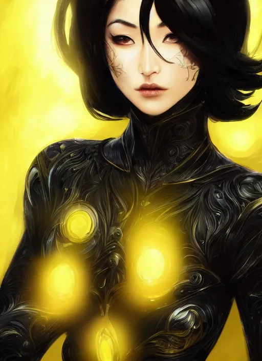 Image similar to a highly detailed illustration of meisa kuroki as short black haired young woman wearing black suit with coattails, yellow eyes, dramatic elegant pose, intricate, elegant, highly detailed, centered, digital painting, artstation, concept art, smooth, sharp focus, league of legends concept art, wlop.