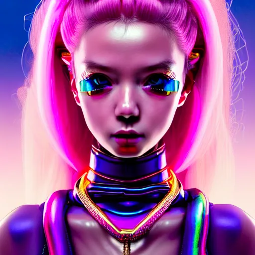 Image similar to hyperdetailed portrait of a stunningly beautiful pink cyberpunk cute girl made of metals and shiny iridescent gems, bright rainbow nimbus, gold necklace, smoke background inspired by ross tran and masamune shirow and kuvshinov, intricate, photorealistic, octane render, rtx, hdr, unreal engine, dnd digital art by artgerm