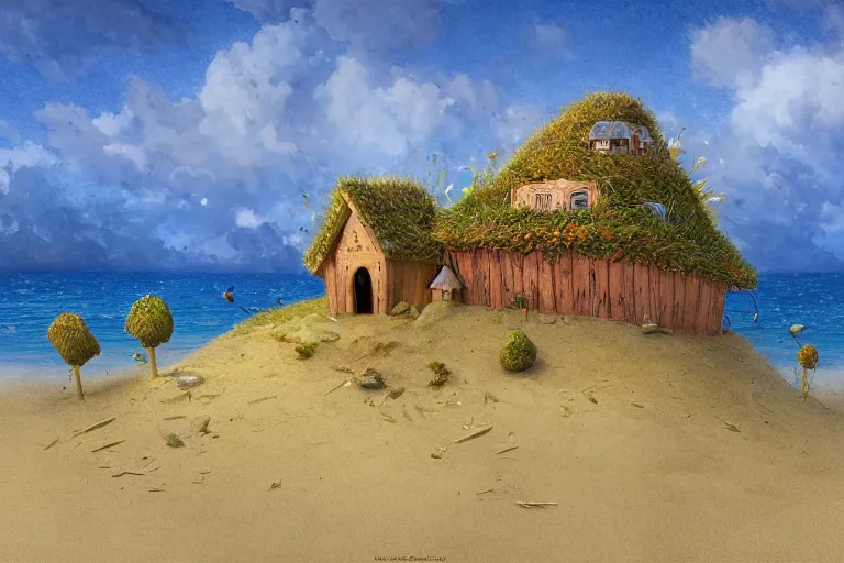 Prompt: wide angle view, a beautiful digital painting of a fairy house made of sand on a beautiful beach, bright sunny day, beach grasses, woodline, magical, by greg rutkowski, brian froud, marc simonetti, jean - baptiste monge, mucha, symmetry, complementary colors, ink illustration, trending on artstation