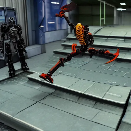 Image similar to necron doing a kickflip while humans look on in amazement and awe