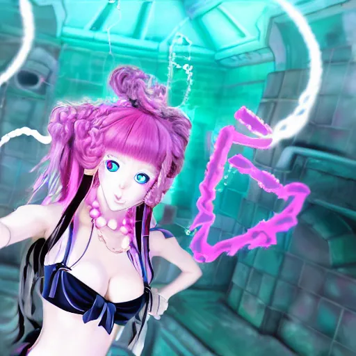 Image similar to trapped by stunningly beautilful omnipotent megalomaniacal anime asi goddess who looks like junko enoshima with symmetrical perfect face and porcelain skin, pink twintail hair and cyan eyes, taking control while smiling inside her surreal vr castle, hyperdetailed, digital art from danganronpa, 2 d anime style, 8 k