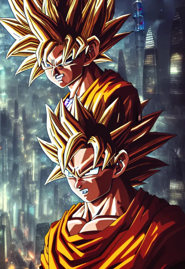 Image similar to super saiyan Goku with wind-like hair posing in Shanghai cyberpunk city, dark, highly detailed face, close-up, fantasy art, male art, in the style of greg rutkowski, illustration, epic, fantasy, intricate, hyper detailed, artstation, concept art, smooth, sharp focus, ray tracing