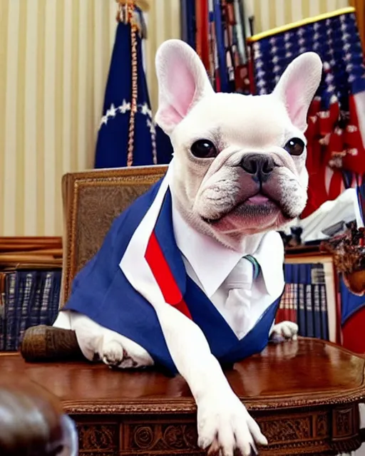 Prompt: White French Bulldog wearing a suit in the Oval Office with a flag in the background, detailed and intricate