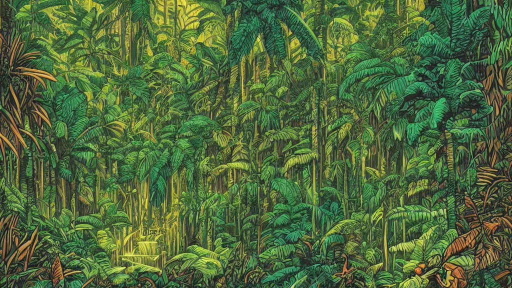 Image similar to a dense amazon rainforest jungle by dan mumford