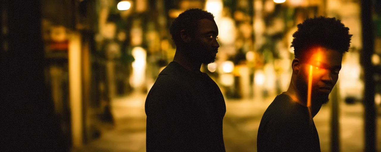 Prompt: a black man with a very bright halo above his head at night. cinematic photo. cinematic tone. sony 1 2 0 mm. f / 1. 8