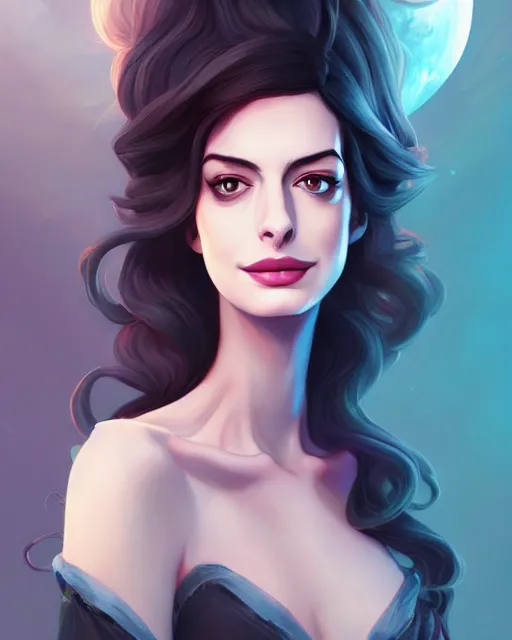 Prompt: a portrait of a beautiful Anne Hathaway witch, art by lois van baarle and loish and ross tran and rossdraws and sam yang and samdoesarts and artgerm, digital art, highly detailed, intricate, sharp focus, Trending on Artstation HQ, deviantart, unreal engine 5, 4K UHD image