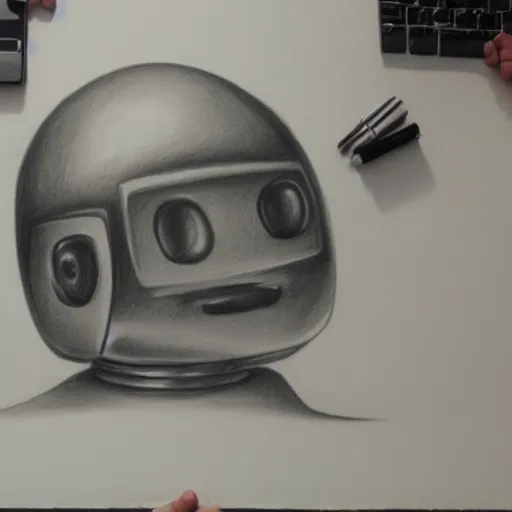 Image similar to robot using a computer, charcoal drawing, high detail