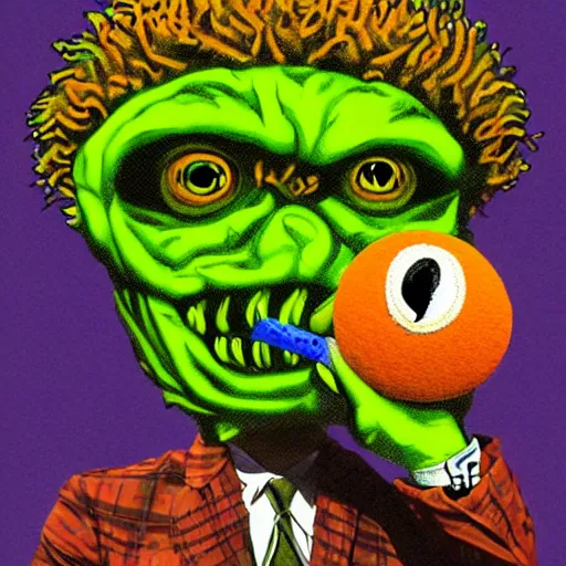 Image similar to a tennis ball monster ,tennis ball, stoned and high, smoking, edibles, scotland, wearing a kilt, digital art, fantasy, magic, trending on artstation, ultra detailed, professional illustration by Basil Gogos