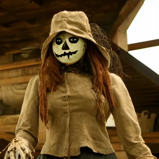 Image similar to menacing female scarecrow, movie still