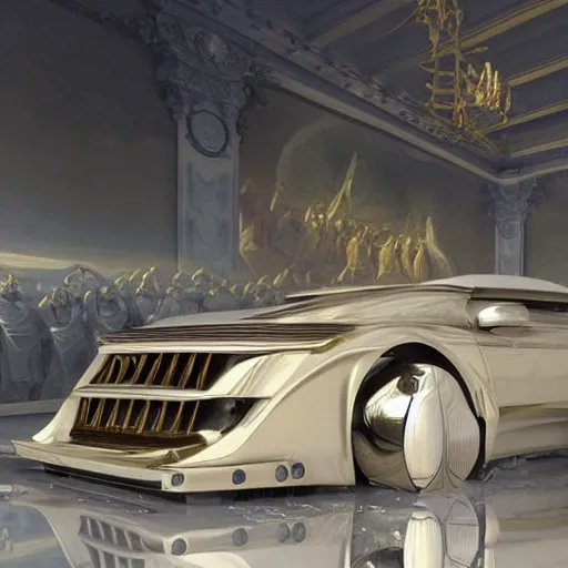 Prompt: sci fi car transport design organic smooth elastic forms 30% of canvas; wall structure in the coronation of napoleon painting 40% of canvas; by Jacques-Louis David, pinterest keyshot product render, cloudy plastic ceramic material shiny gloss water reflections, ultra high detail ultra realism, 4k