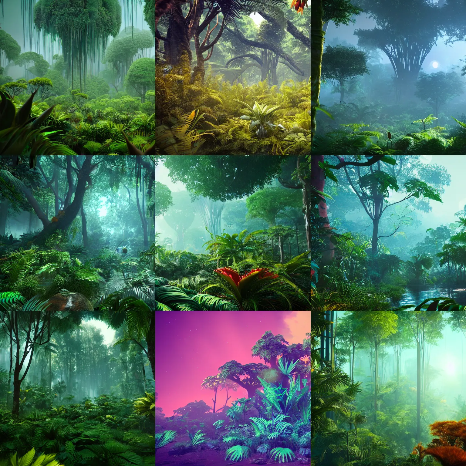 Prompt: a lush alien forest, teal sky, orange plants, birds in flight, humid alien jungle, atmospheric, exotic, unreal engine, trending on artstation