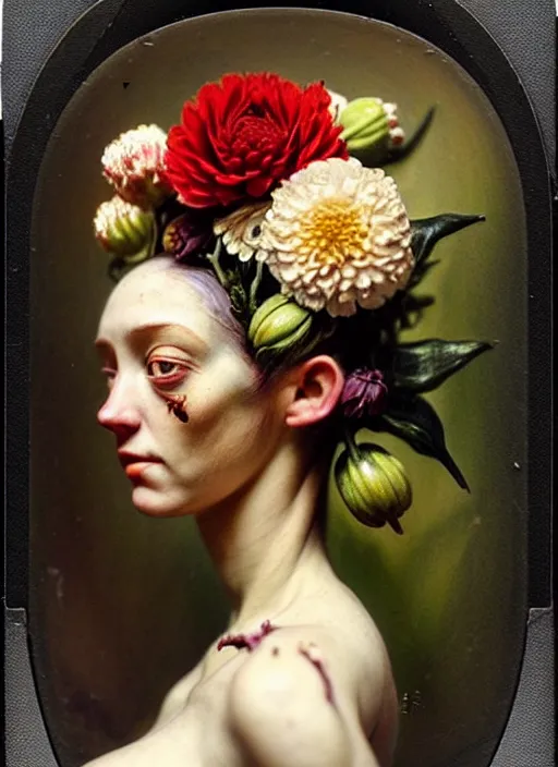Prompt: beautiful and detailed rotten woman made of plants and many types of stylized flowers like carnation, chrysanthemum, roses and tulips, intricate, surreal, vladimir volegov, john constable, guy denning, gustave courbet, caravaggio, romero ressendi, 1 9 1 0 polaroid photo